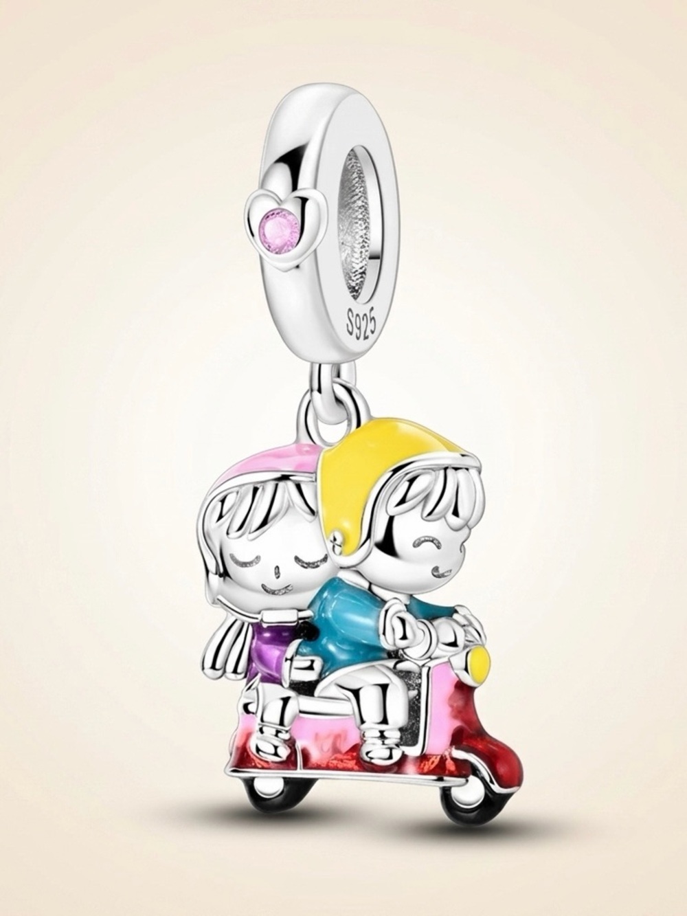 S925 Silver Cute Couple Scooter Charm Pandora Fit Pink CZ Hearts Enamel Gift CHA